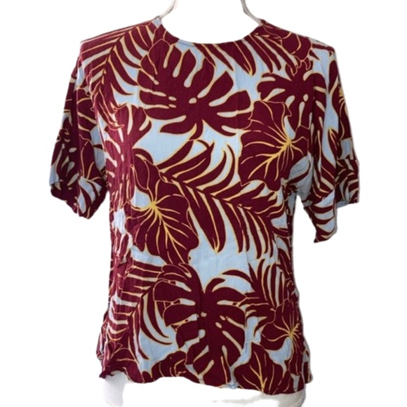 H&M size 8 Womens top short sleeved red and blue Hawaiian Leaves Paradise - Picture 1 of 8